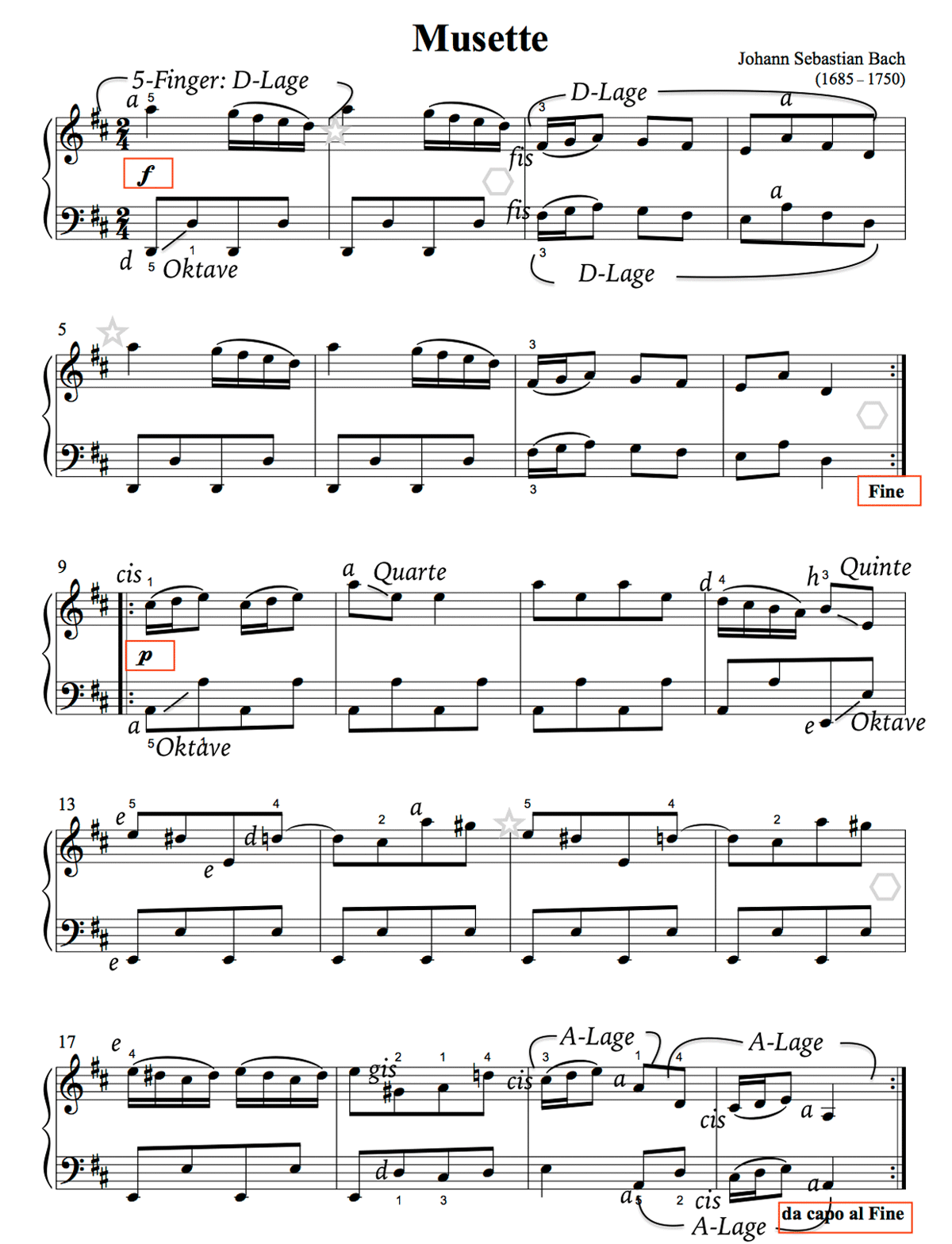 Noten mit Lesehilfe für J. S. Bach: Musette